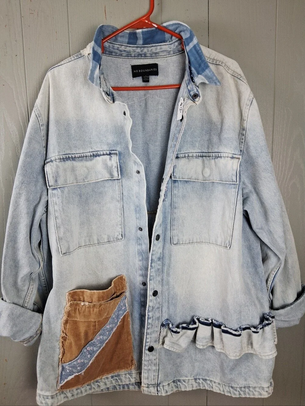 Upcycled Denim Jacket Chore Coat OOAK Large Quilt Applique Cottage Farmhouse - Picture 2 of 15